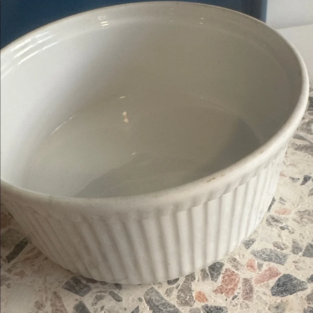 Vintage Apilco Porcelain France White Ribbed Soufflé Baking Dish Size Medium